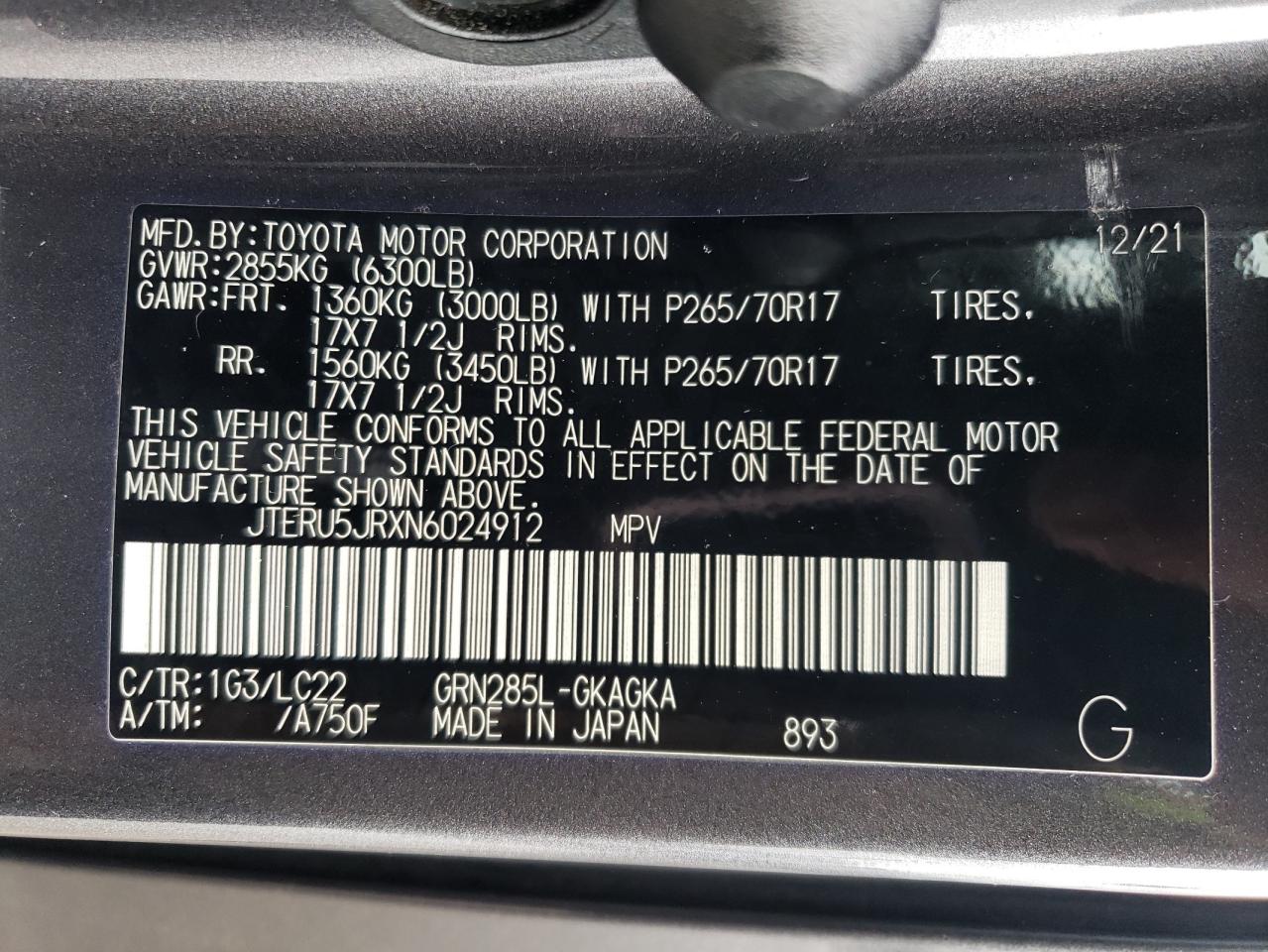 2022 TOYOTA 4RUNNER SR5 PREMIUM VIN:JTERU5JRXN6024912