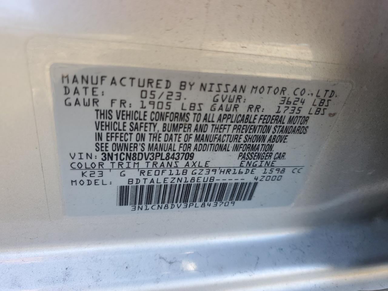 2023 NISSAN VERSA S VIN:3N1CN8DV3PL843709