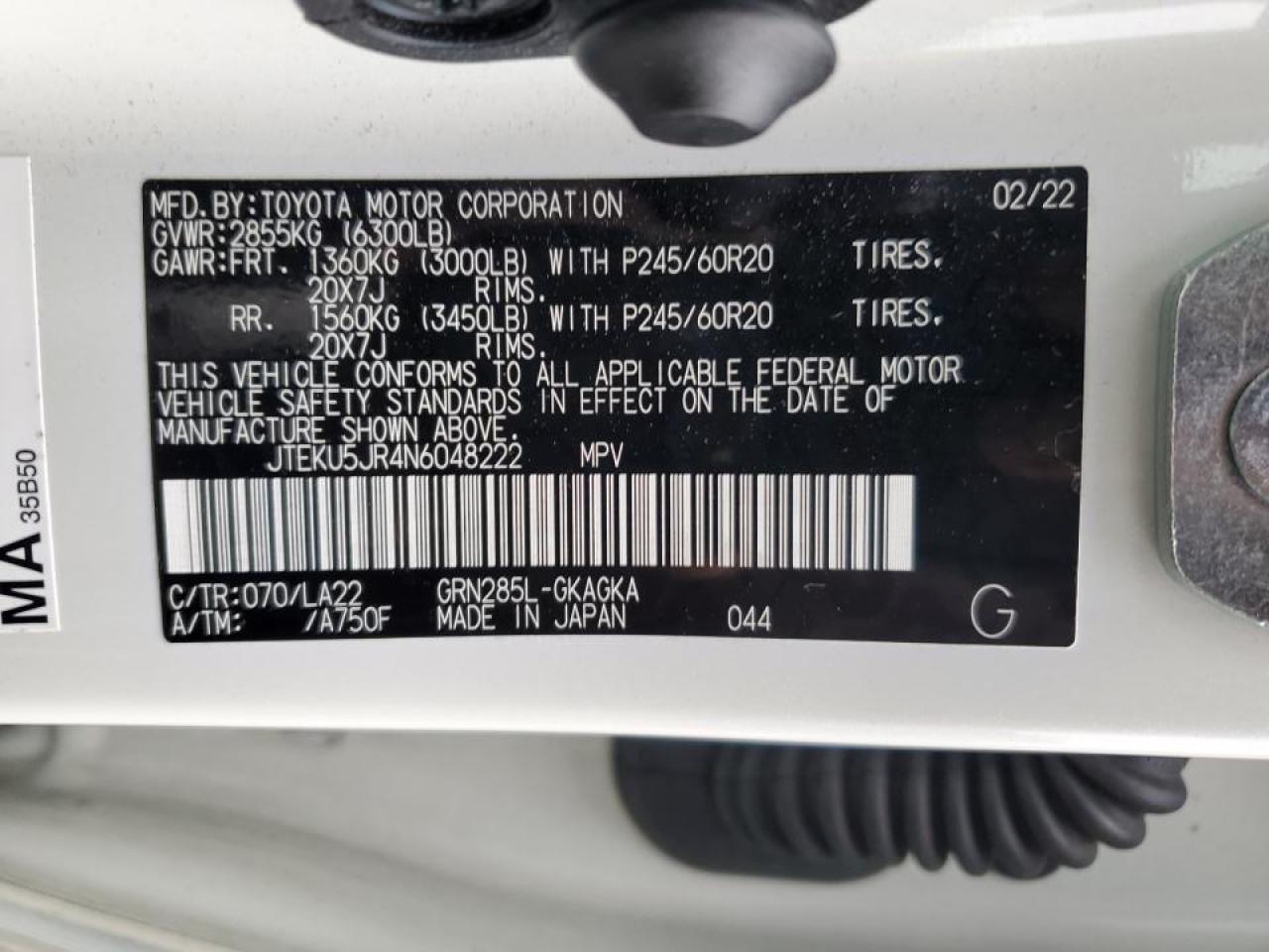 2022 TOYOTA 4RUNNER LIMITED VIN:JTEKU5JR4N6048222