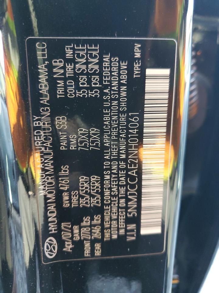 2022 HYUNDAI TUCSON SEL VIN:5NMJCCAE2NH014061