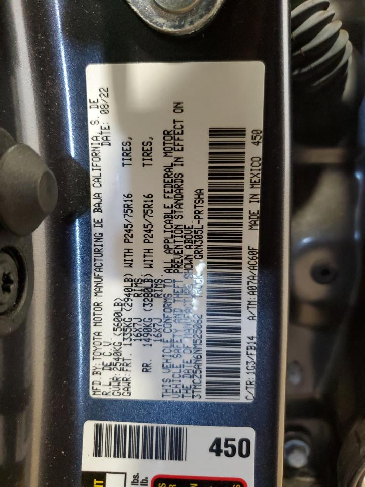 2022 TOYOTA TACOMA DOUBLE CAB VIN:3TMCZ5AN6NM525062