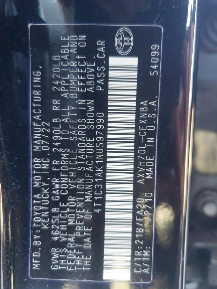 2022 TOYOTA CAMRY LE VIN:4T1C31AK1NU597990