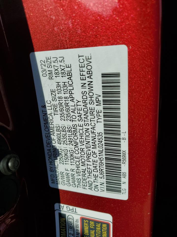 2022 HONDA CR-V EX VIN:5J6RT6H51NL024535