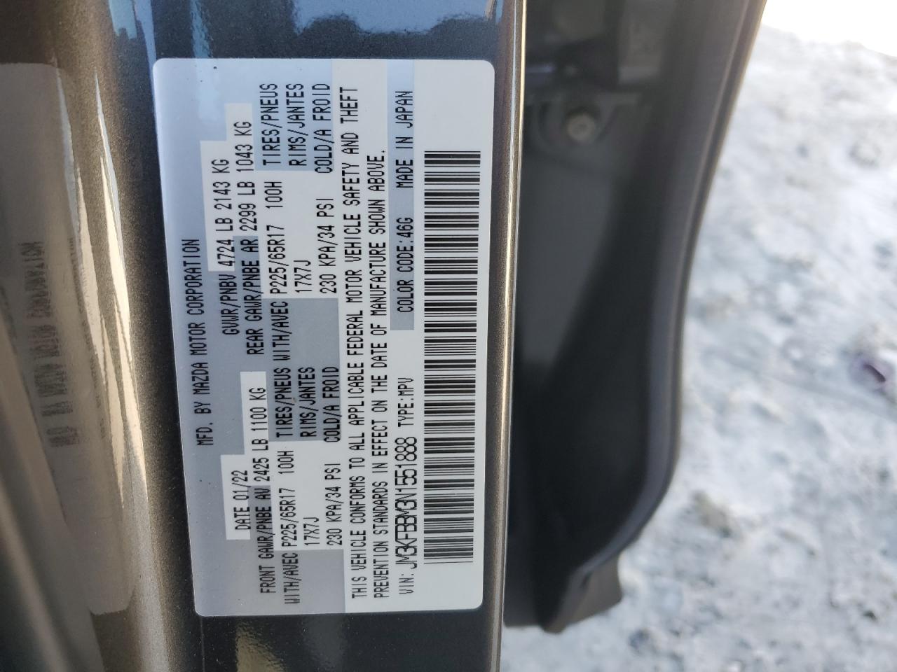 2022 MAZDA CX-5 SELECT VIN:JM3KFBBM3N1551888