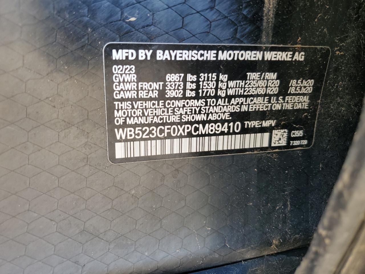 2023 BMW IX XDRIVE50 VIN:WB523CF0XPCM89410