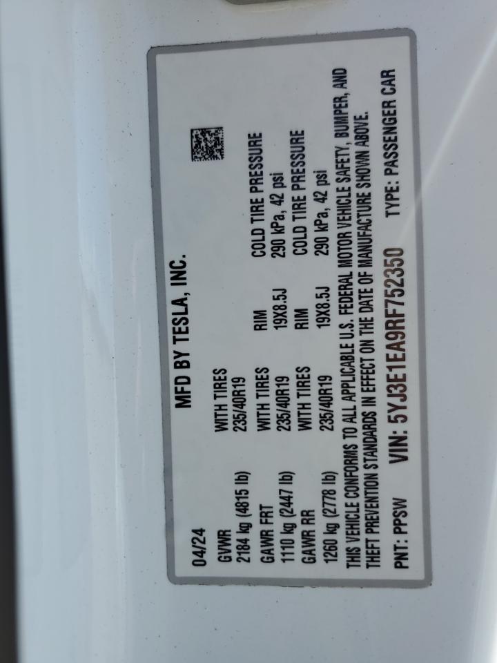 2024 TESLA MODEL 3  VIN:5YJ3E1EA9RF752350