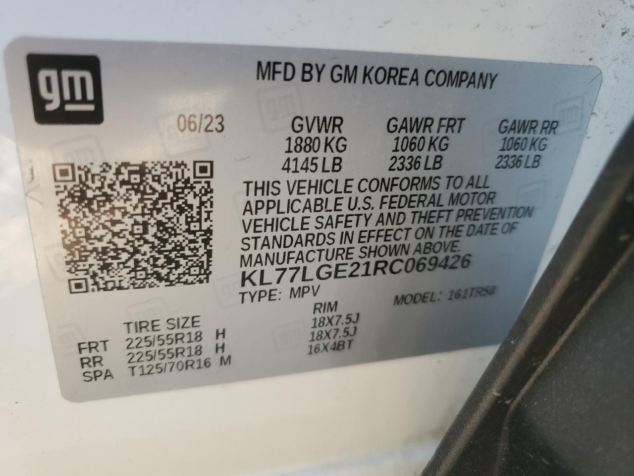 2024 CHEVROLET TRAX 1RS VIN:KL77LGE21RC069426