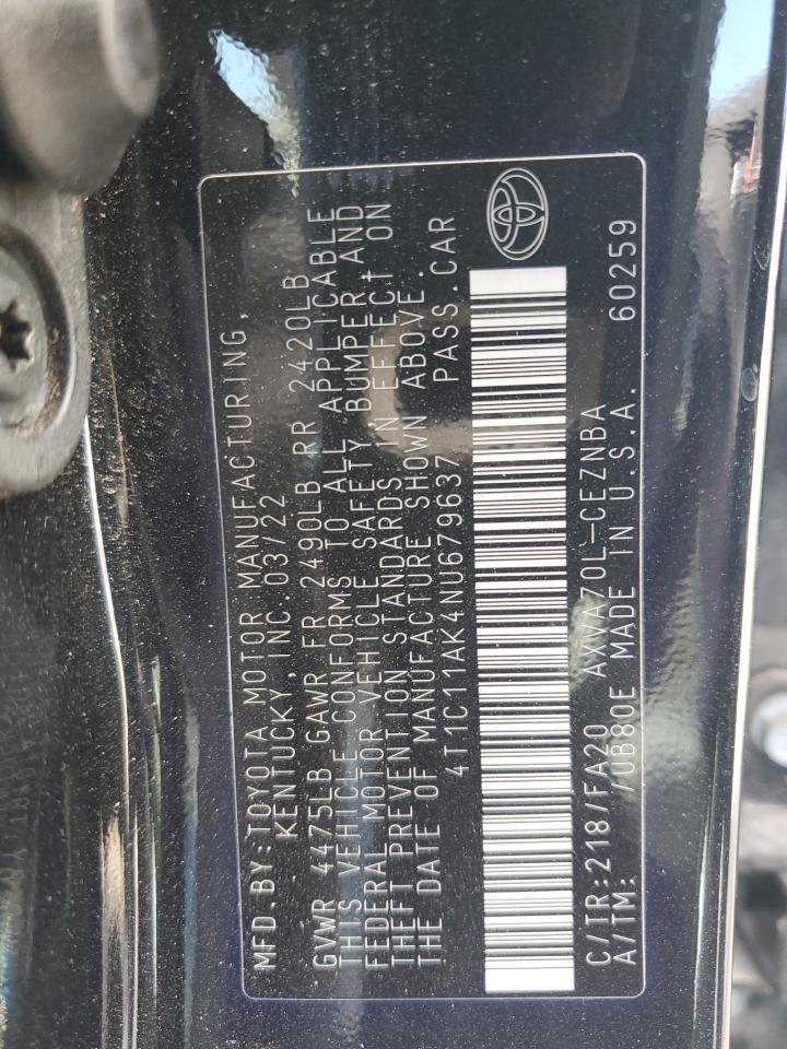 2022 TOYOTA CAMRY LE VIN:4T1C11AK4NU679637