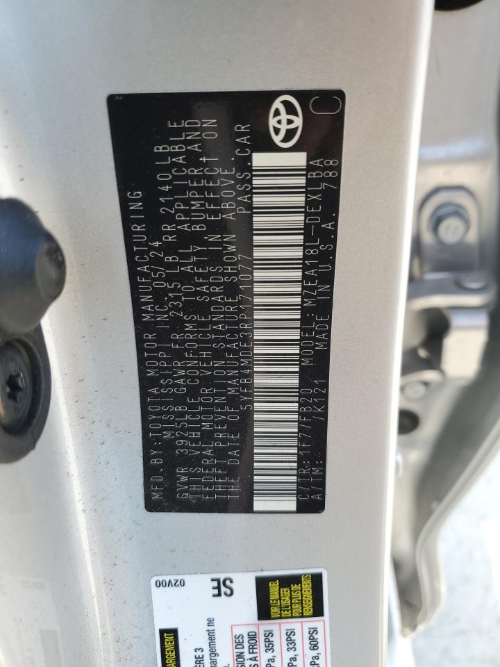 2024 TOYOTA COROLLA LE VIN:5YFB4MDE3RP171077