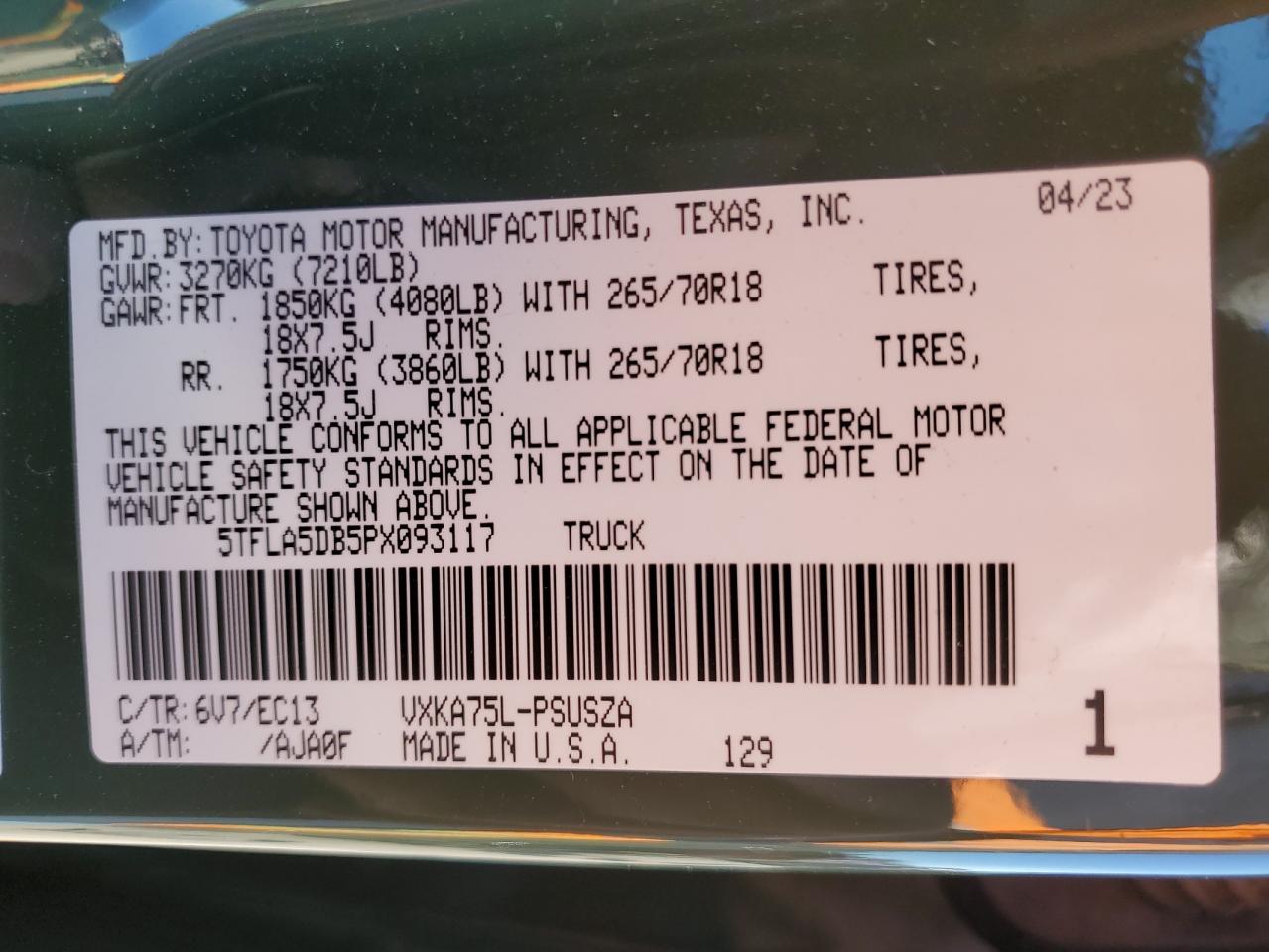 2023 TOYOTA TUNDRA CREWMAX SR VIN:5TFLA5DB5PX093117
