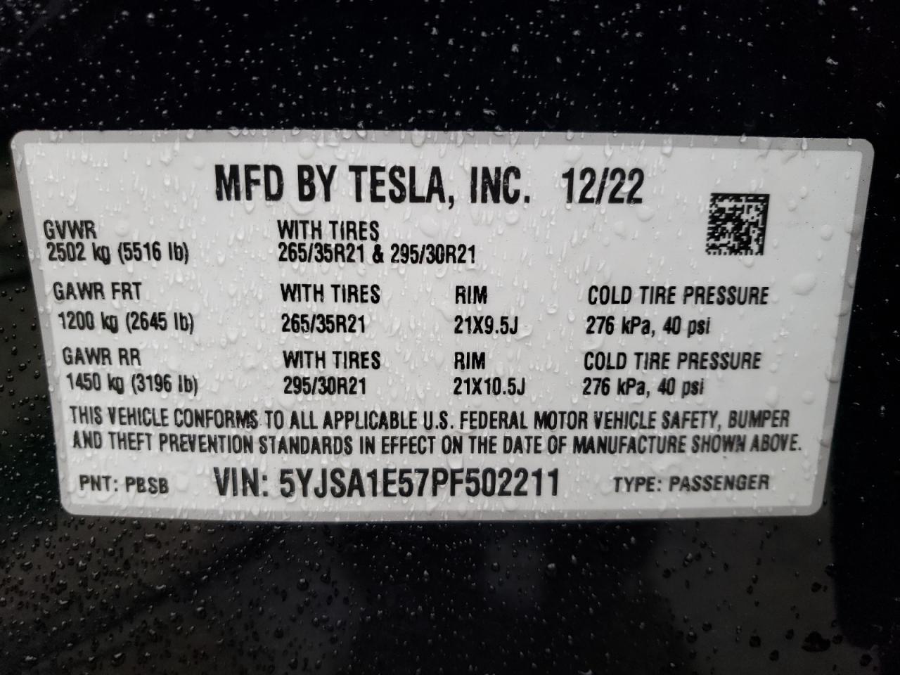 2023 TESLA MODEL S  VIN:5YJSA1E57PF502211