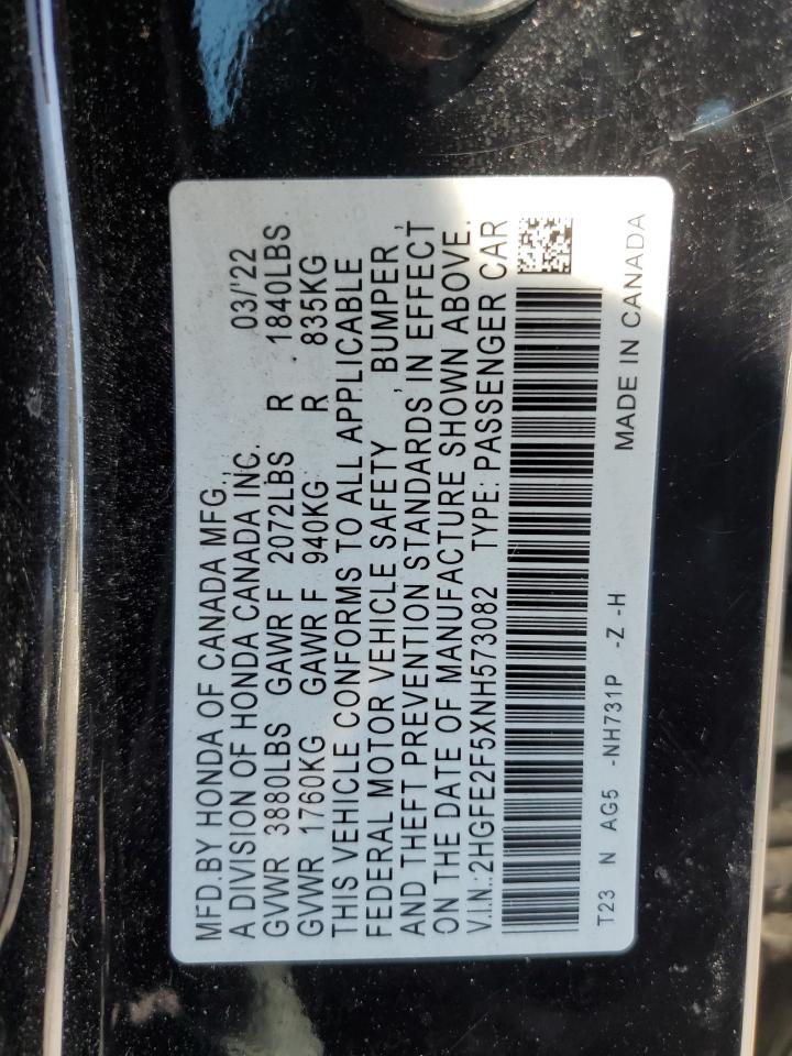 2022 HONDA CIVIC SPORT VIN:2HGFE2F5XNH573082