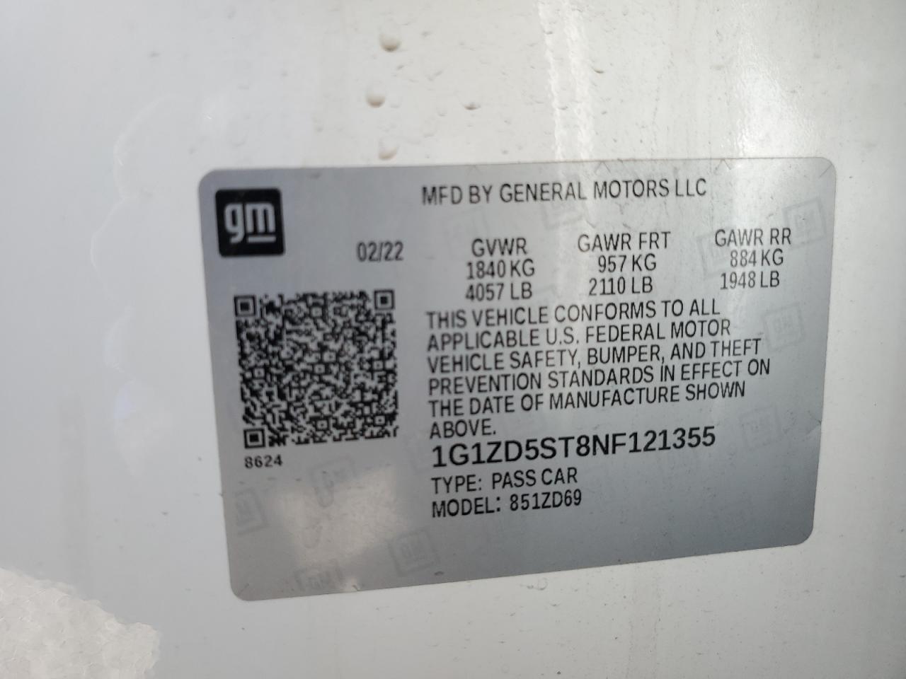 2022 CHEVROLET MALIBU LT VIN:1G1ZD5ST8NF121355