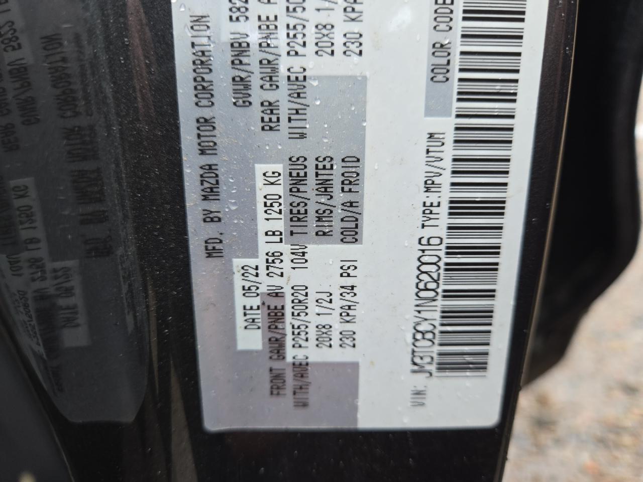 2022 MAZDA CX-9 TOURING VIN:JM3TCBCY1N0620016