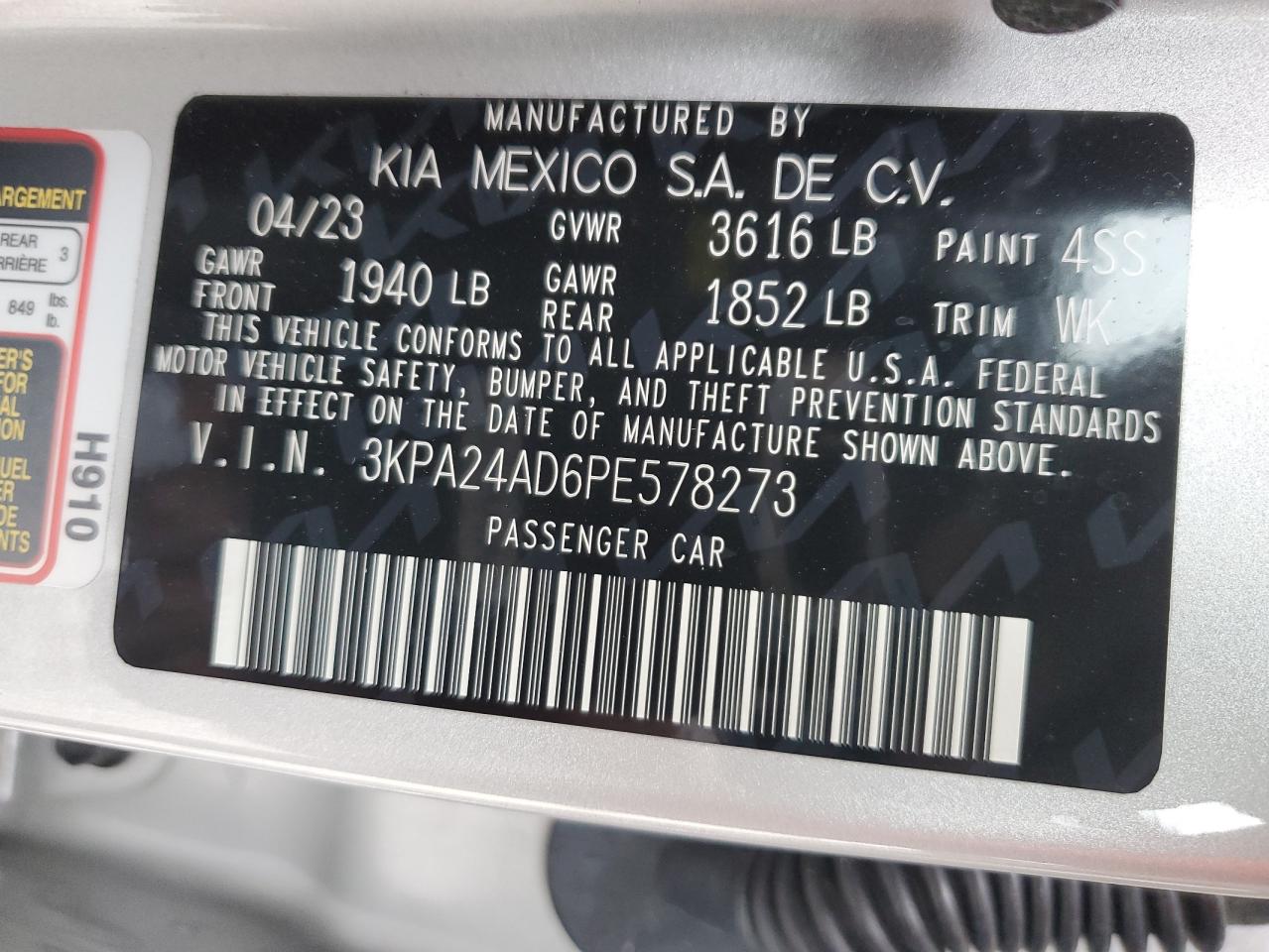 2023 KIA RIO LX VIN:3KPA24AD6PE578273