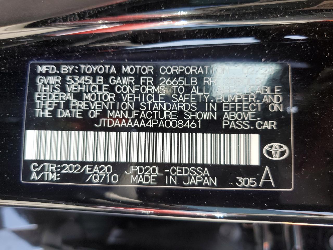 2023 TOYOTA MIRAI XLE VIN:JTDAAAAA4PA008461