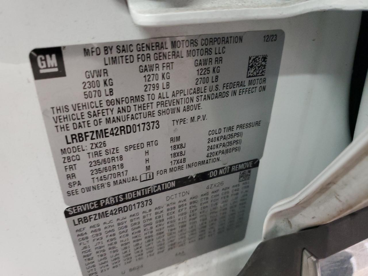 2024 BUICK ENVISION PREFERRED VIN:LRBFZME42RD017373