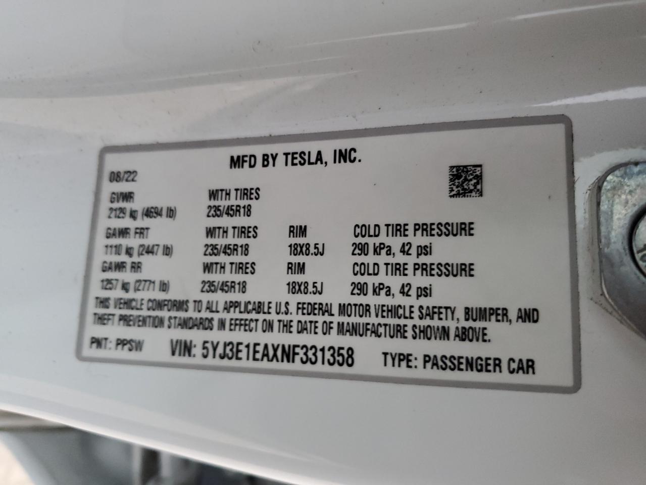 2022 TESLA MODEL 3  VIN:5YJ3E1EAXNF331358