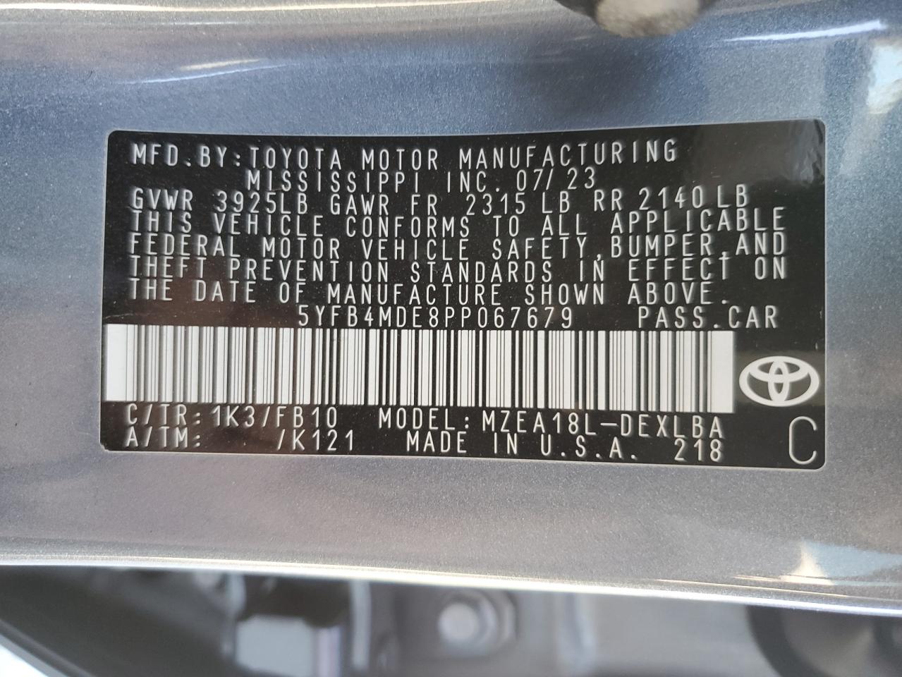 2023 TOYOTA COROLLA LE VIN:5YFB4MDE8PP067679