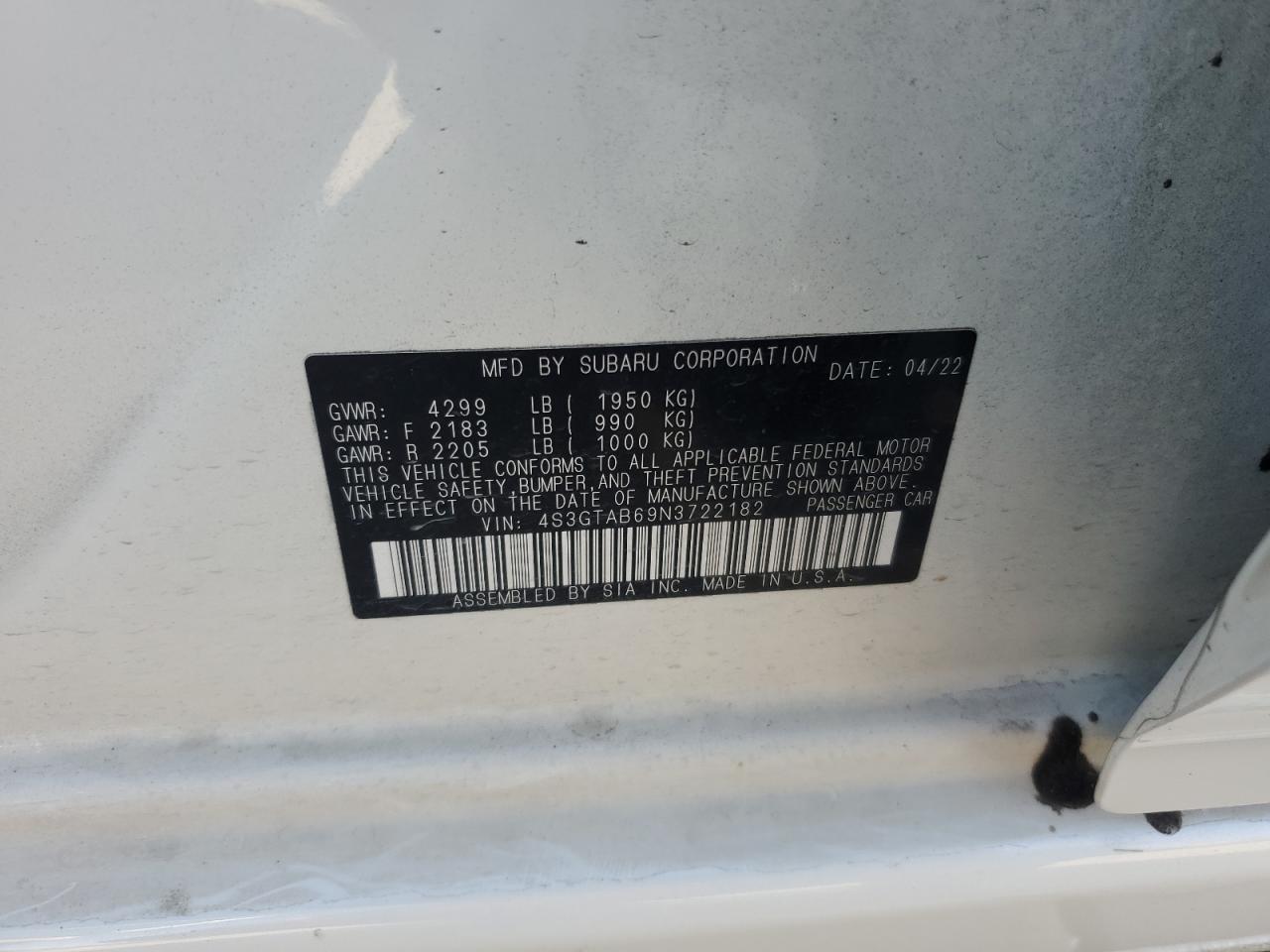 2022 SUBARU IMPREZA  VIN:4S3GTAB69N3722182