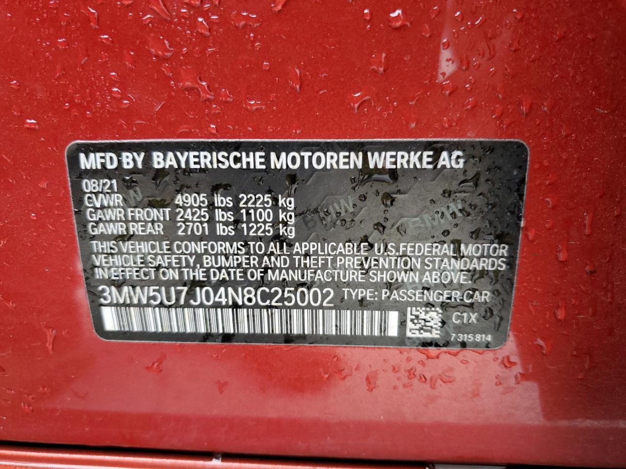 2022 BMW M340I  VIN:3MW5U7J04N8C25002