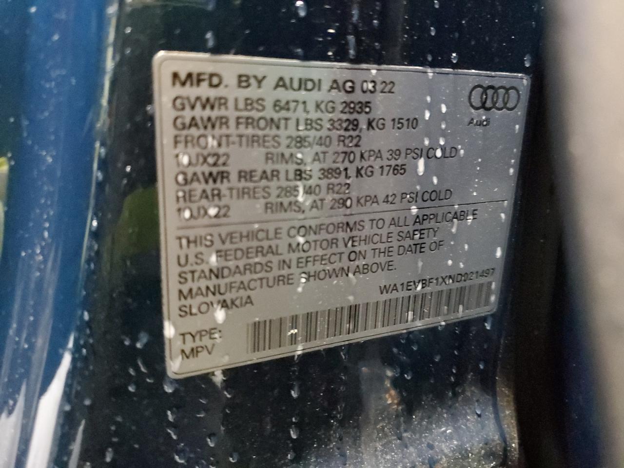 2022 AUDI Q8 PREMIUM PLUS S-LINE VIN:WA1EVBF1XND021497