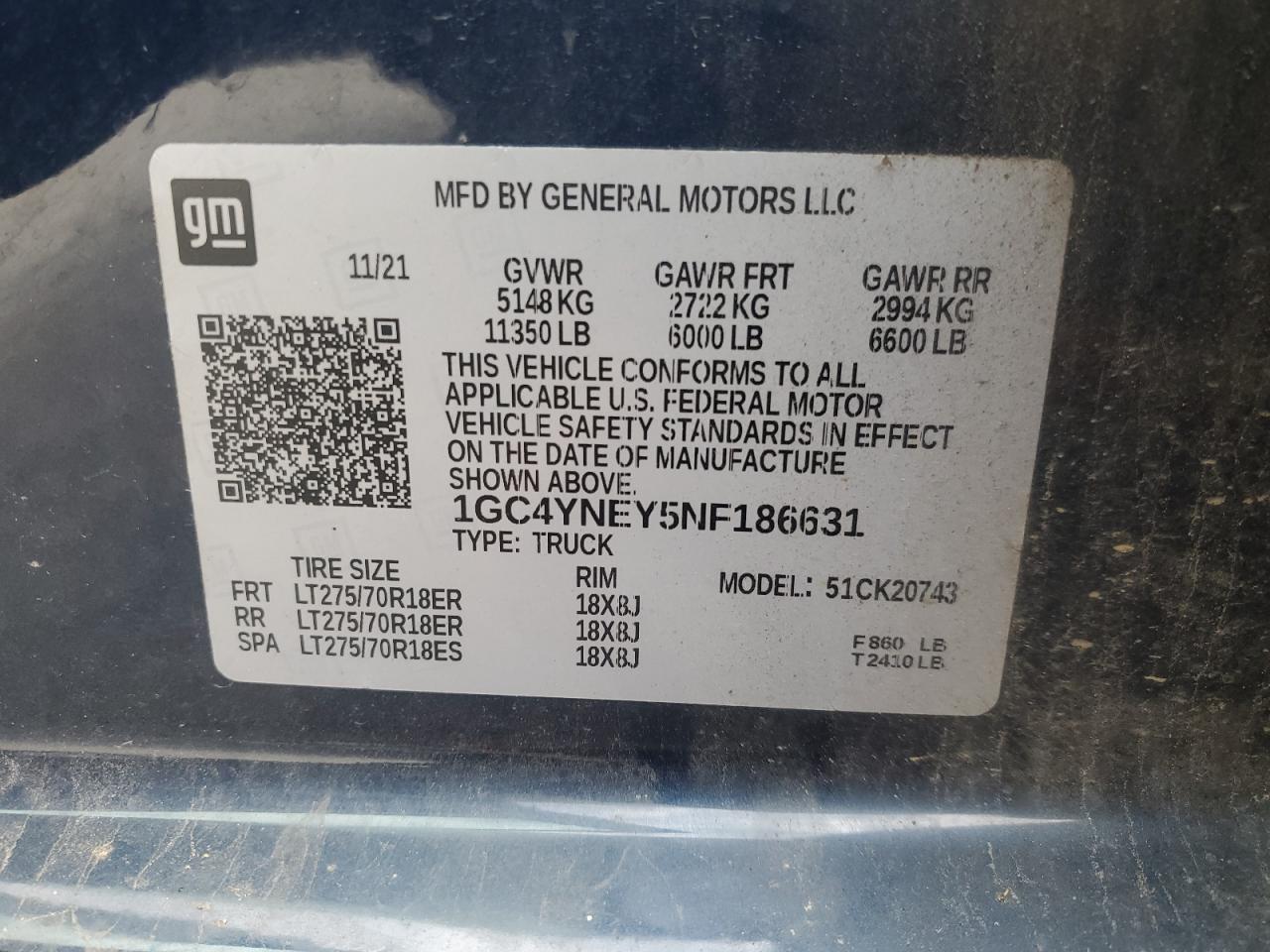 2022 CHEVROLET SILVERADO K2500 HEAVY DUTY LT VIN:1GC4YNEY5NF186631