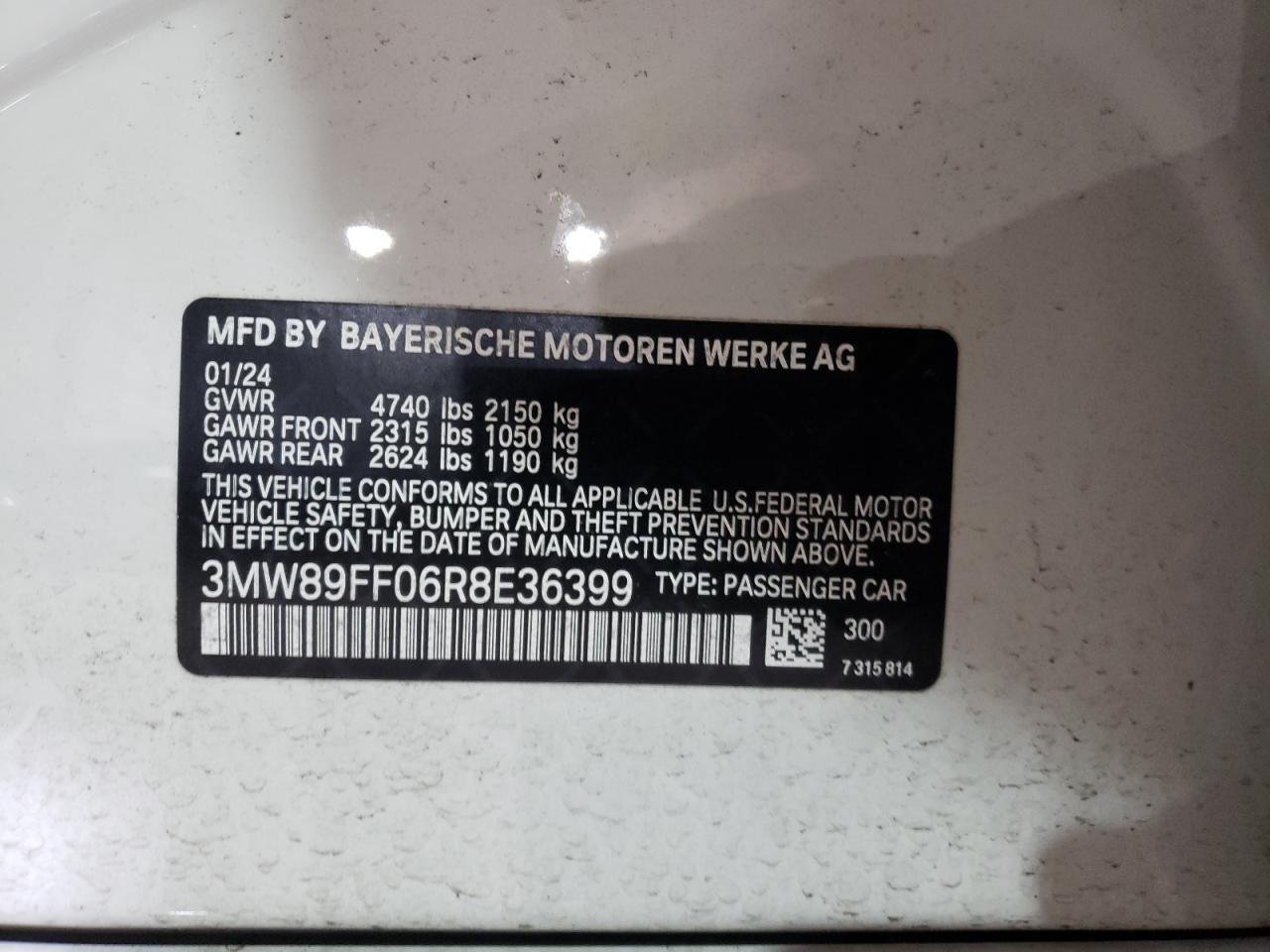 2024 BMW 330XI  VIN:3MW89FF06R8E36399