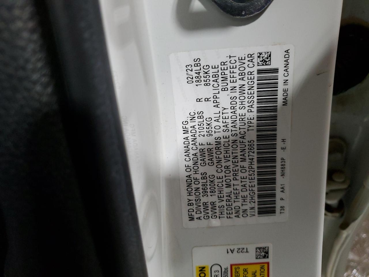 2023 HONDA CIVIC SI VIN:2HGFE1E52PH472665