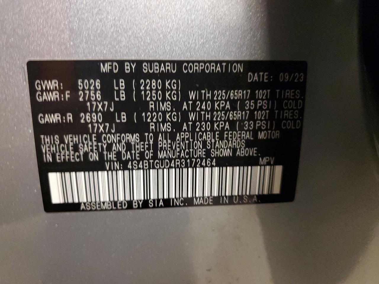 2024 SUBARU OUTBACK WILDERNESS VIN:4S4BTGUD4R3172464