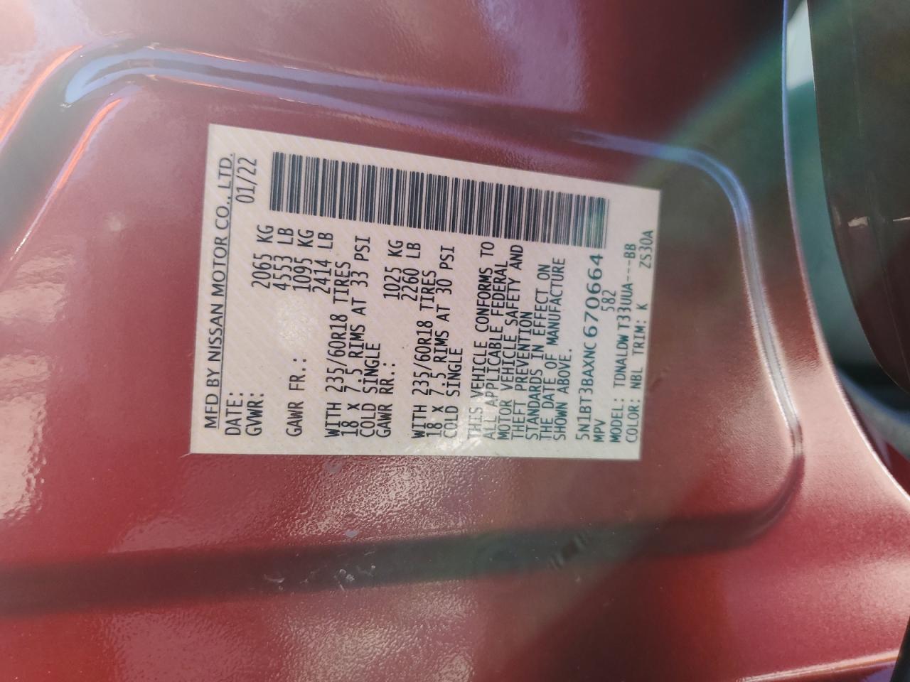 2022 NISSAN ROGUE SV VIN:5N1BT3BAXNC670664