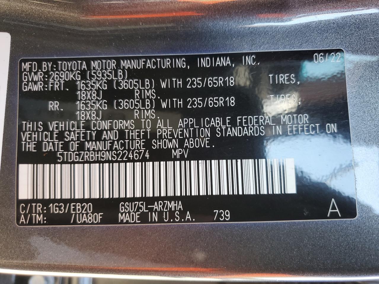 2022 TOYOTA HIGHLANDER XLE VIN:5TDGZRBH9NS224674