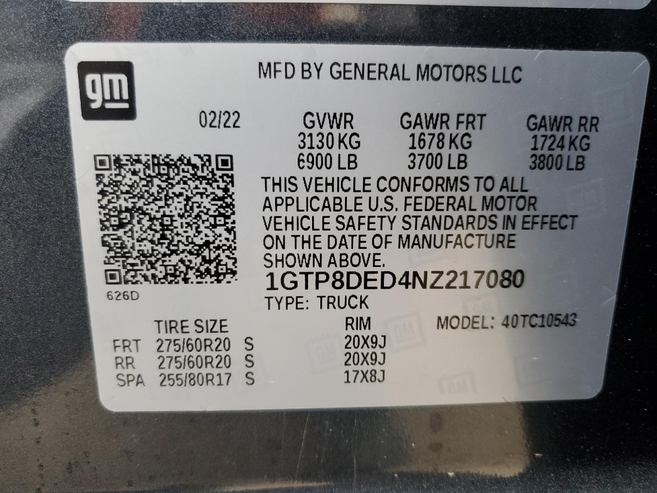 2022 GMC SIERRA LIMITED C1500 SLT VIN:1GTP8DED4NZ217080