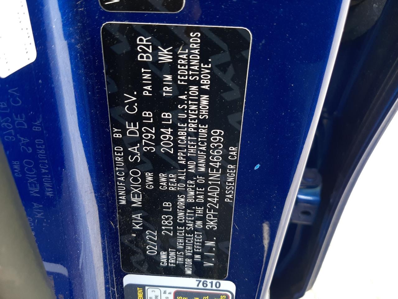 2022 KIA FORTE FE VIN:3KPF24AD1NE466399