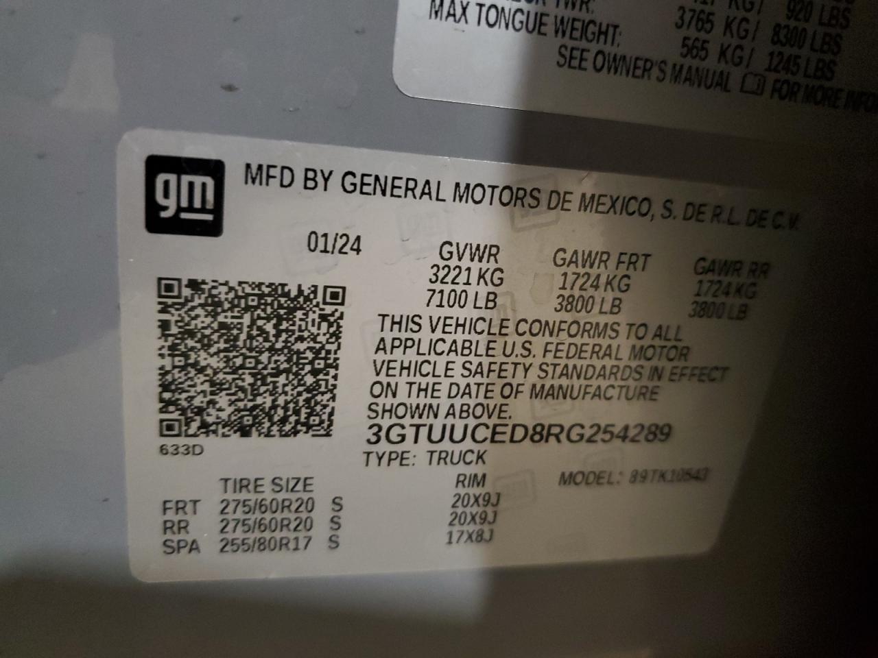 2024 GMC SIERRA K1500 ELEVATION VIN:3GTUUCED8RG254289