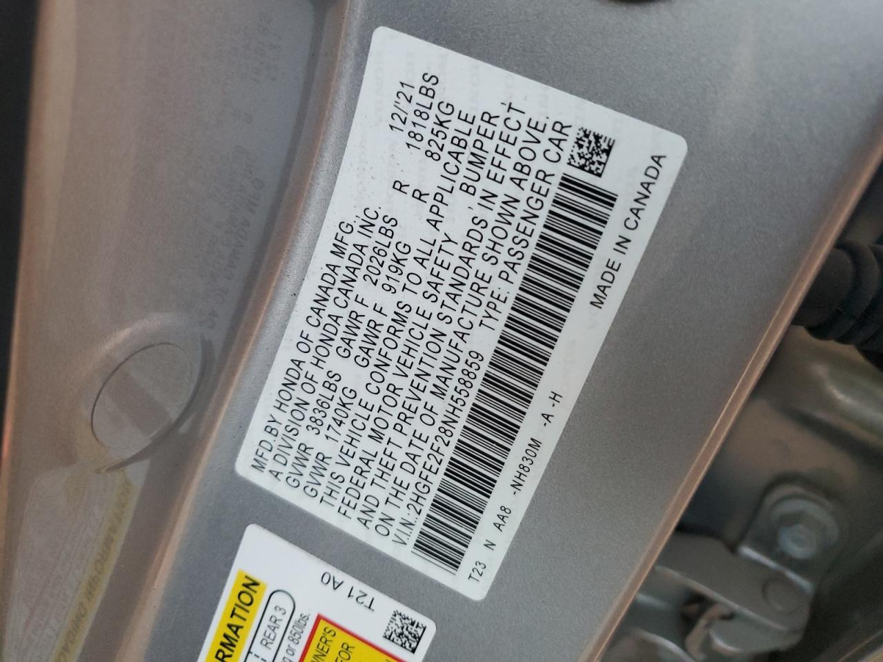 2022 HONDA CIVIC LX VIN:2HGFE2F28NH558859