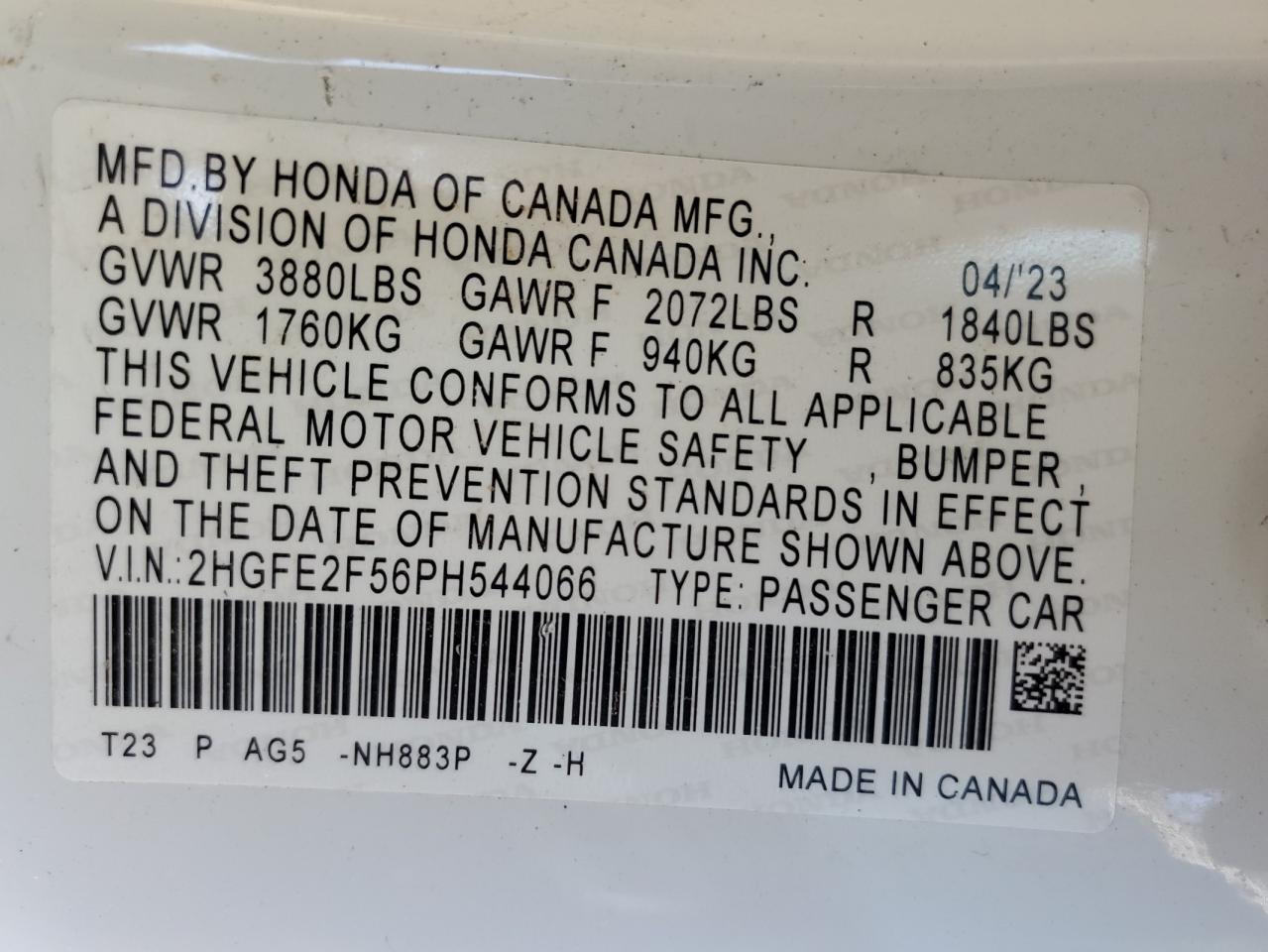 2023 HONDA CIVIC SPORT VIN:2HGFE2F56PH544066