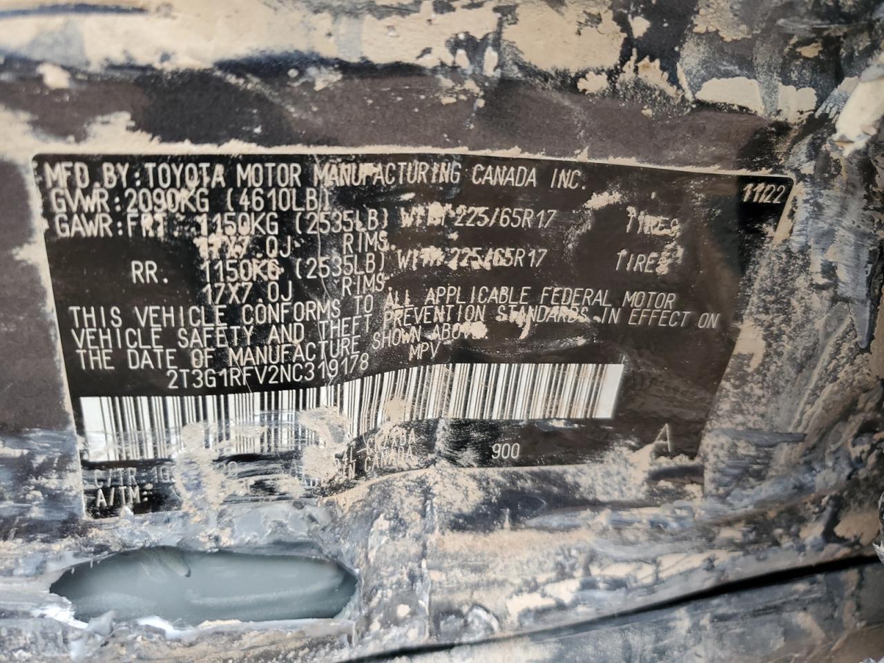 2022 TOYOTA RAV4 LE VIN:2T3G1RFV2NC319178