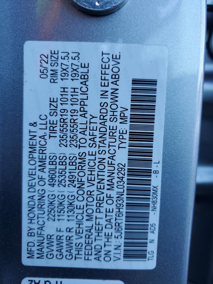2022 HONDA CR-V TOURING VIN:5J6RT6H93NL034292