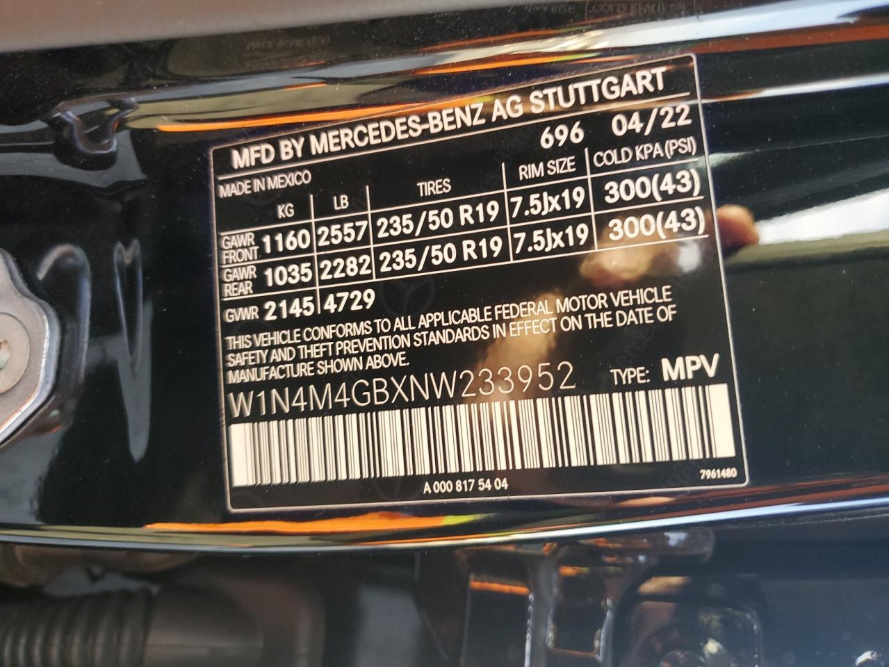 2022 MERCEDES-BENZ GLB 250 VIN:W1N4M4GBXNW233952