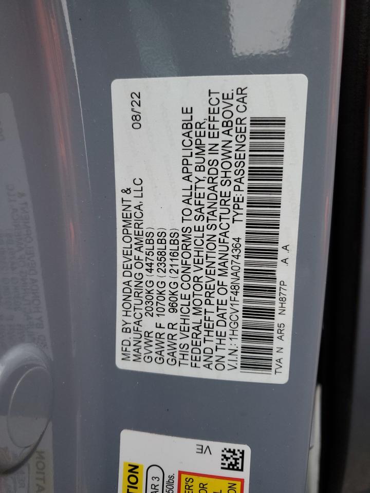 2022 HONDA ACCORD SPORT SE VIN:1HGCV1F48NA074364