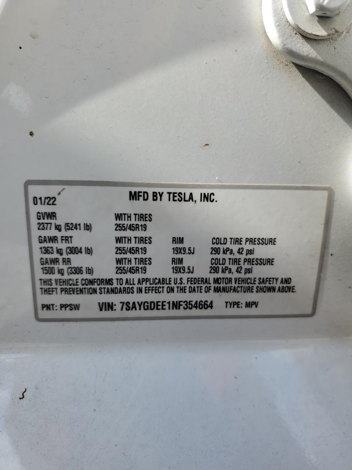 2022 TESLA MODEL Y  VIN:7SAYGDEE1NF354664