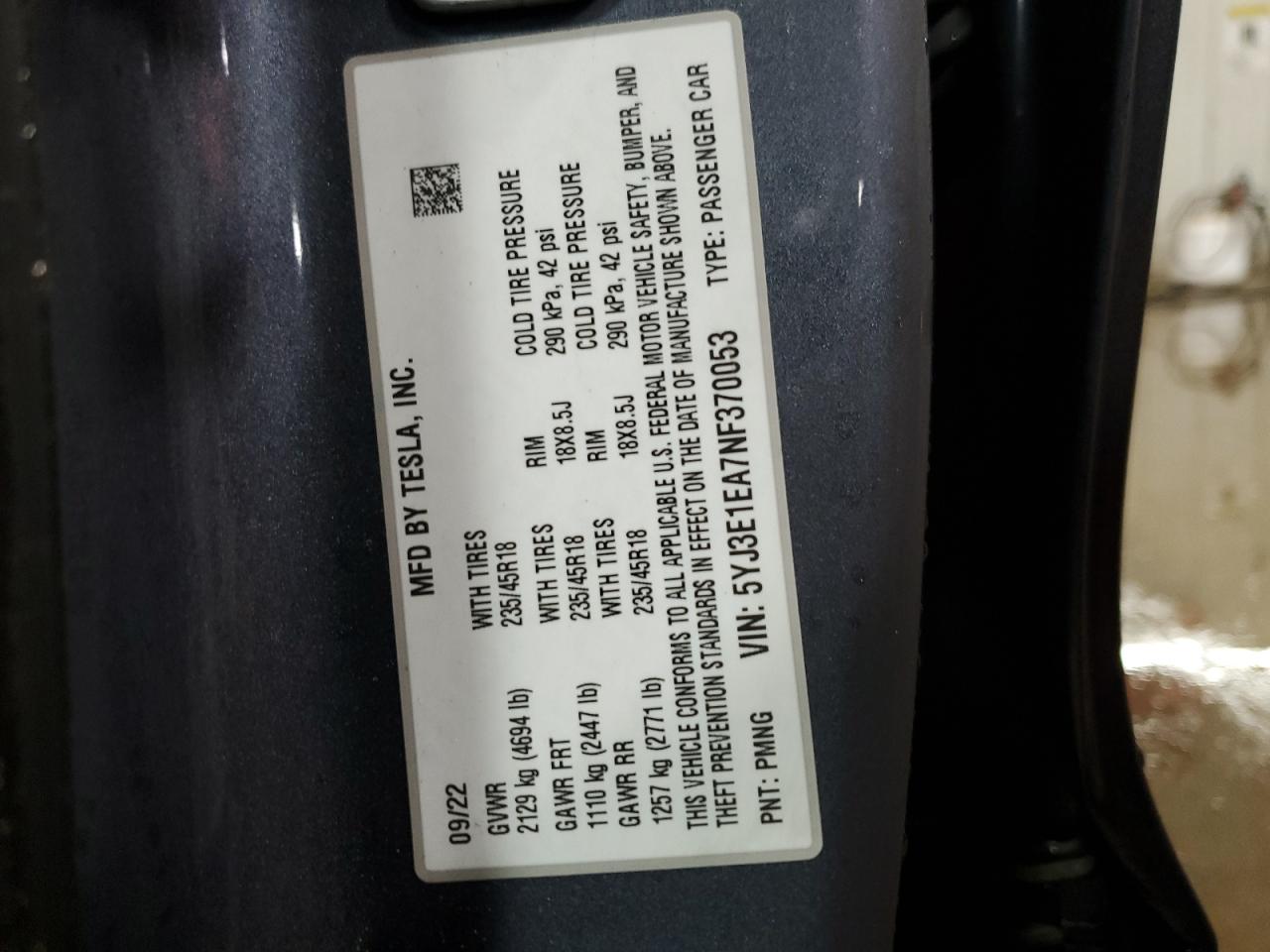 2022 TESLA MODEL 3  VIN:5YJ3E1EA7NF370053