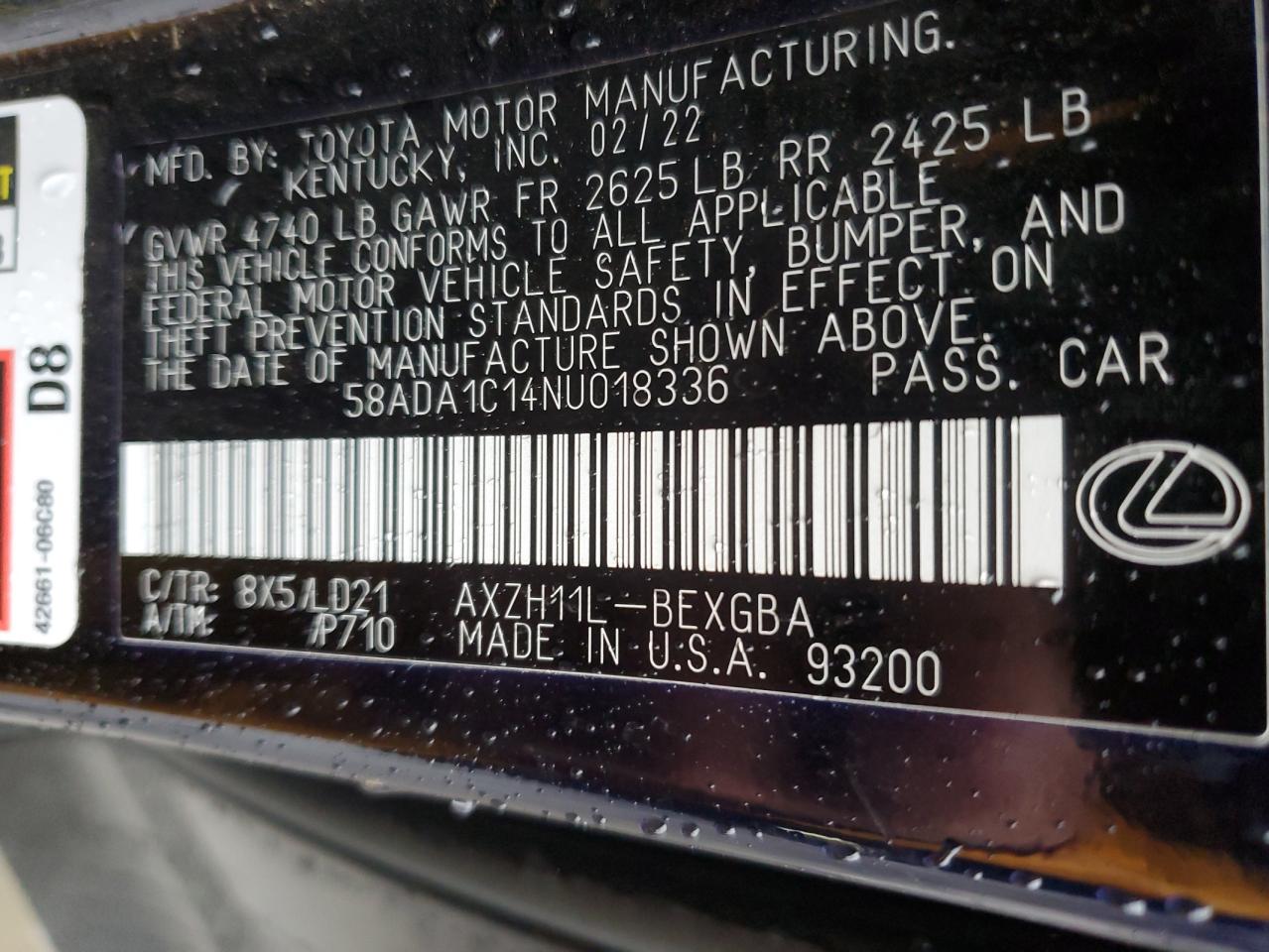 2022 LEXUS ES 300H BASE VIN:58ADA1C14NU018336