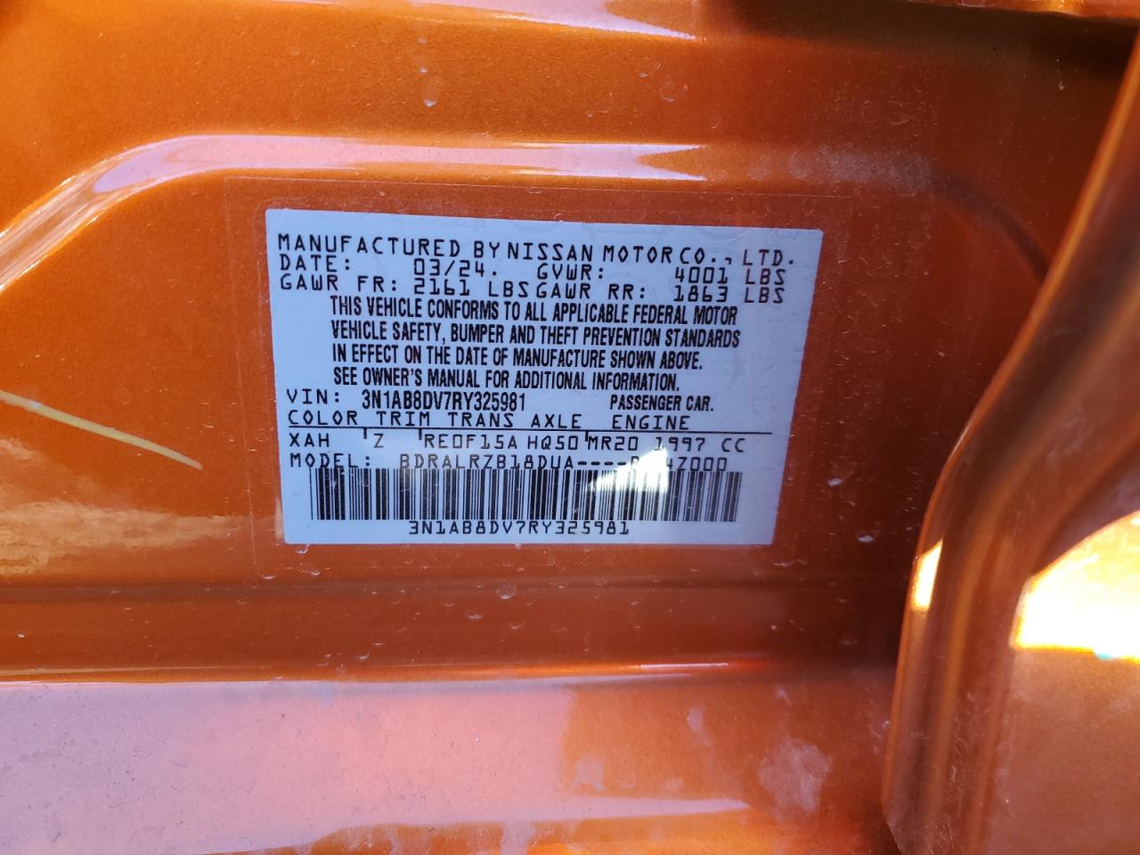 2024 NISSAN SENTRA SR VIN:3N1AB8DV7RY325981