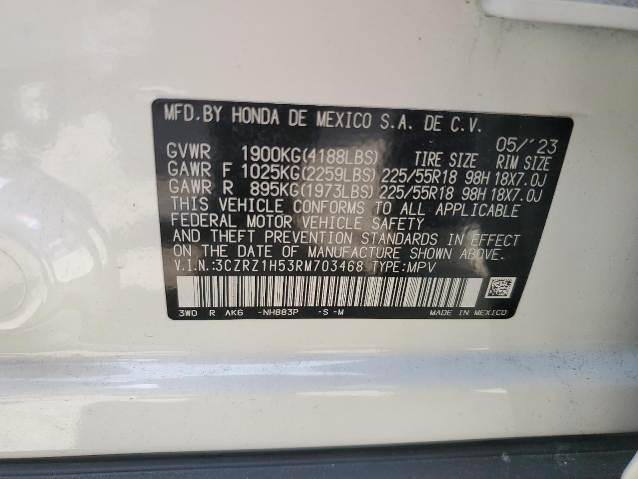 2024 HONDA HR-V SPORT VIN:3CZRZ1H53RM703468