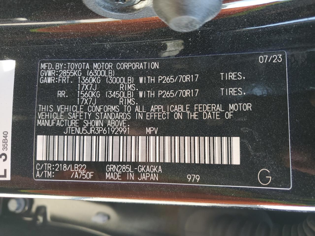 2023 TOYOTA 4RUNNER SE VIN:JTENU5JR3P6192991