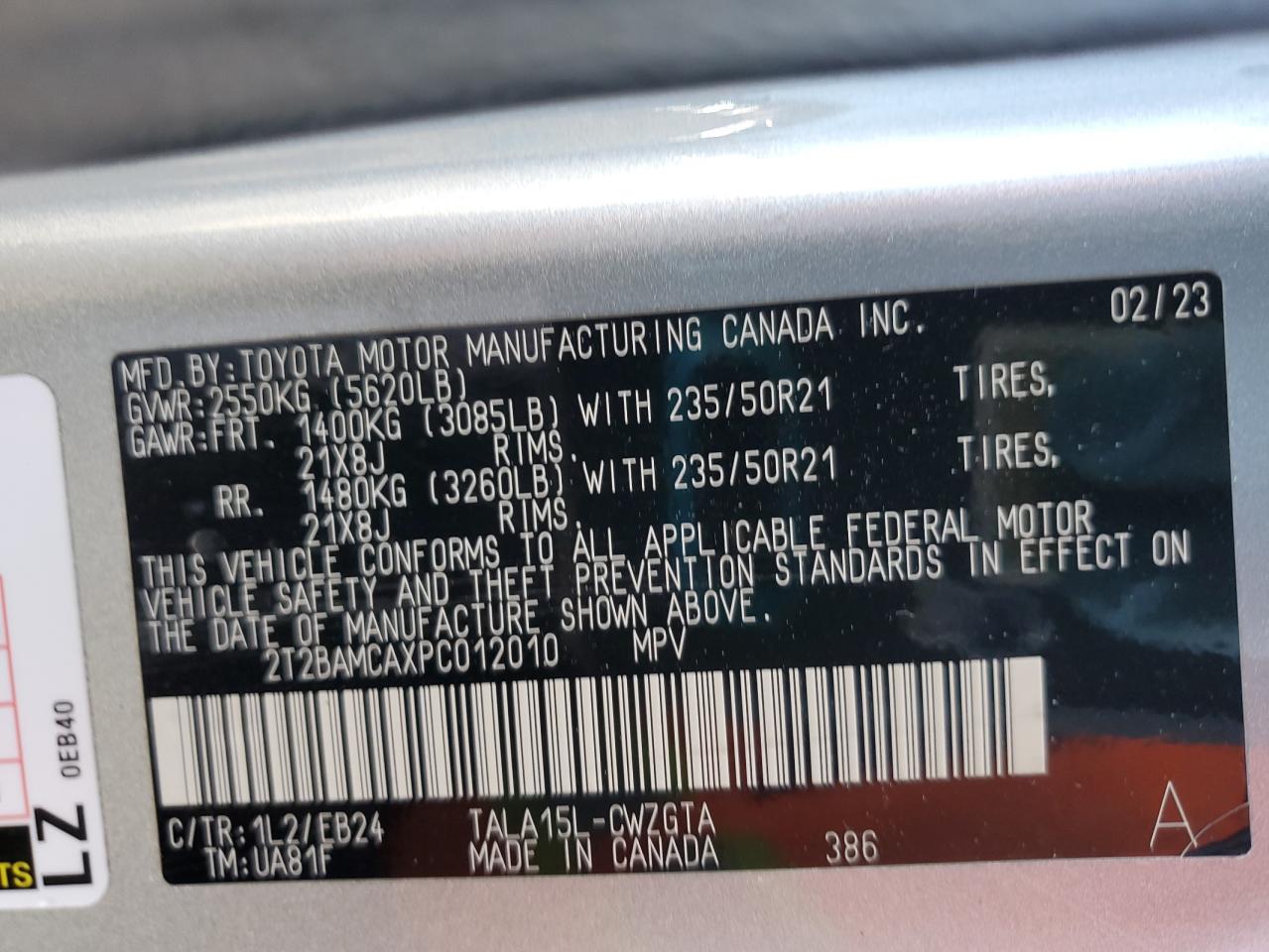 2023 LEXUS RX 350 BASE VIN:2T2BAMCAXPC012010