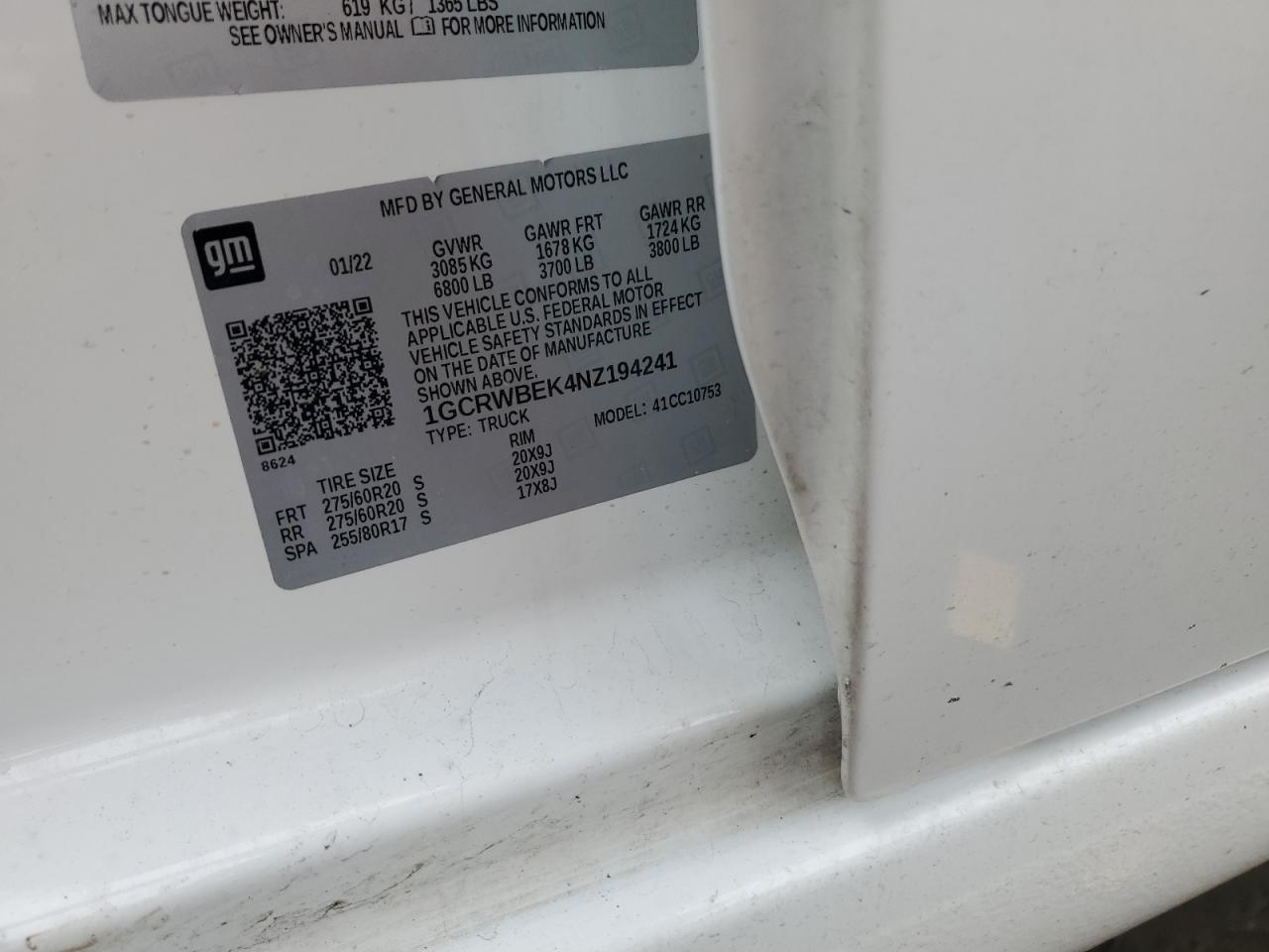 2022 CHEVROLET SILVERADO LTD C1500 CUSTOM VIN:1GCRWBEK4NZ194241