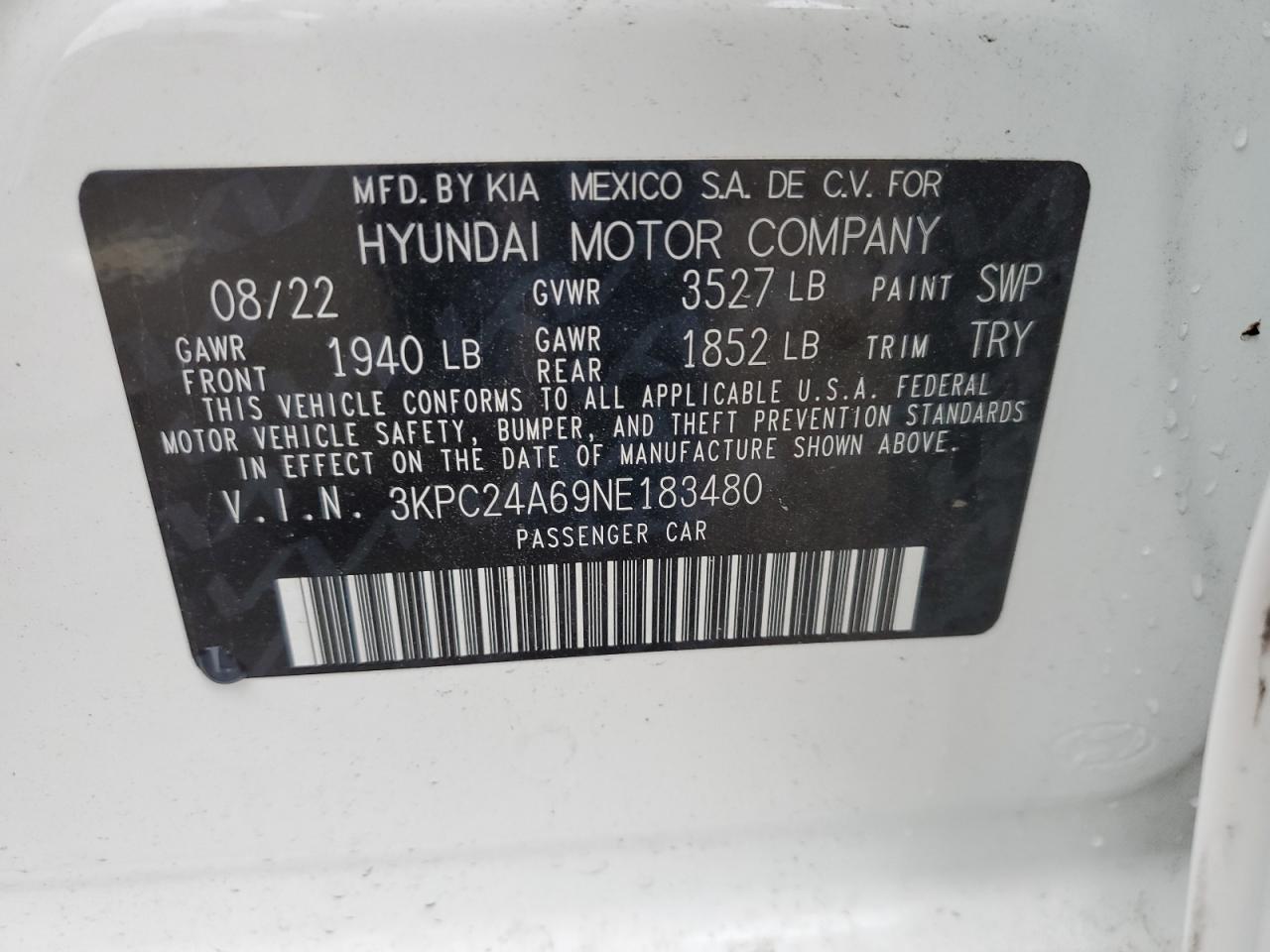 2022 HYUNDAI ACCENT SE VIN:3KPC24A69NE183480